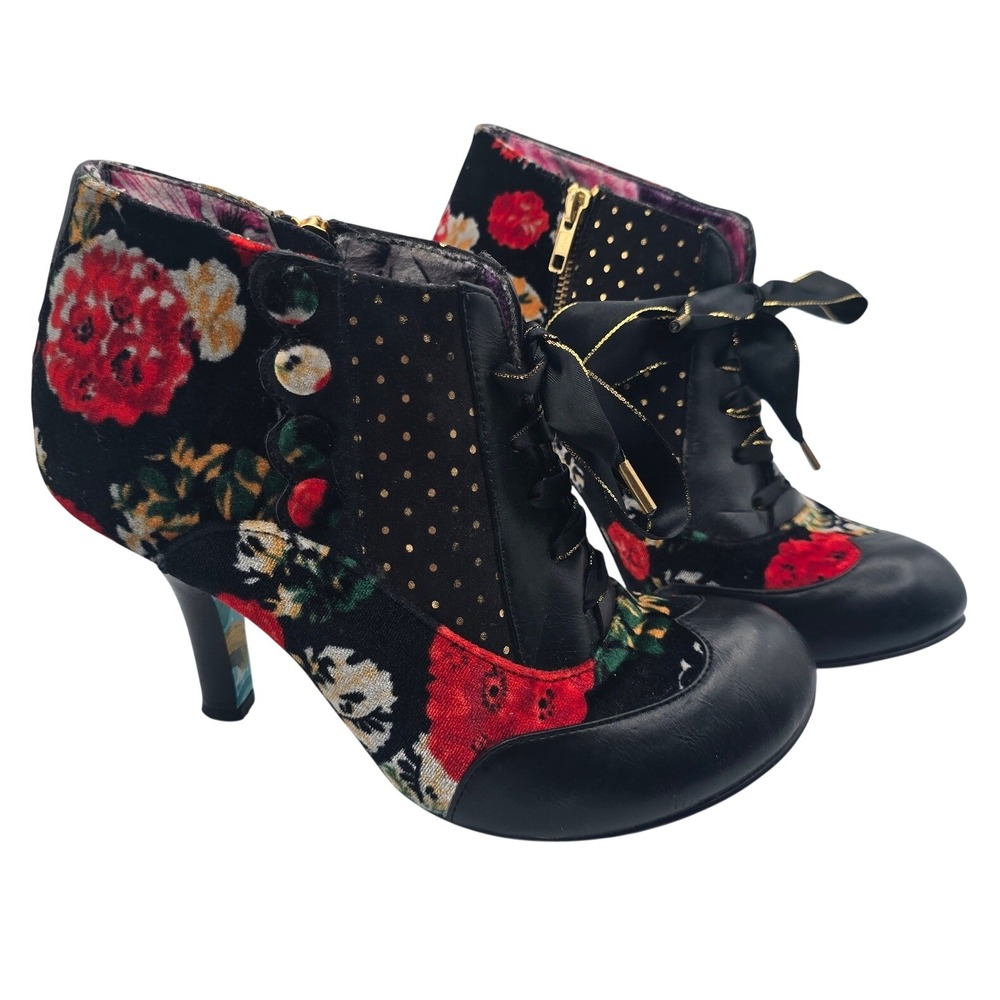 Irregular Choice Floral Velvet Ribbon Lace Ankle Boots Gold Polka Dot EU40 US 9